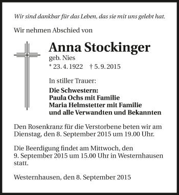 Traueranzeige von Anna Stockinger 