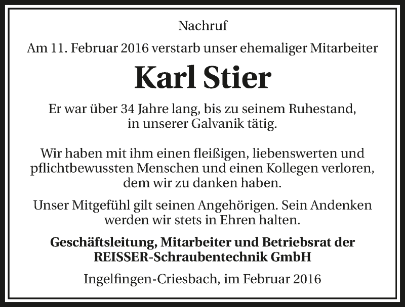  Traueranzeige für Karl Stier vom 17.02.2016 aus 