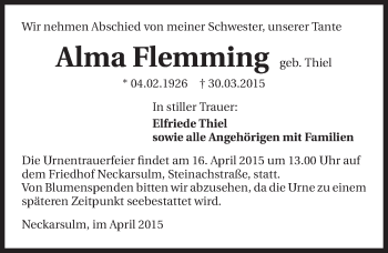 Traueranzeige von Alma Flemming 