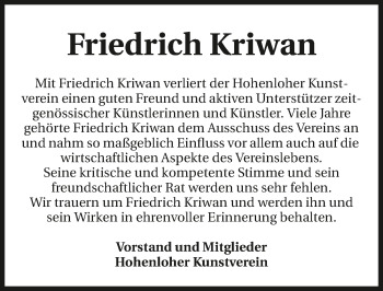 Traueranzeige von Friedrich Kriwan 
