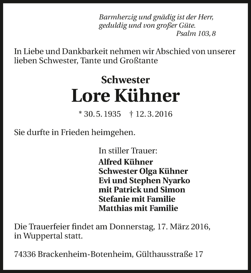  Traueranzeige für Lore Kühner vom 16.03.2016 aus 