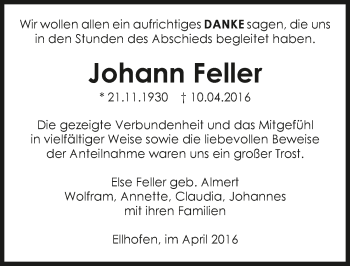 Traueranzeige von Johann Feller 