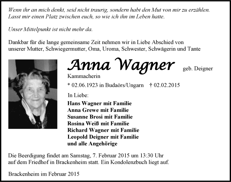  Traueranzeige für Anna Wagner vom 04.02.2015 aus 