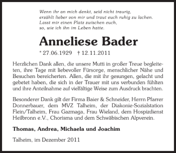 Traueranzeige von Anneliese Bader 
