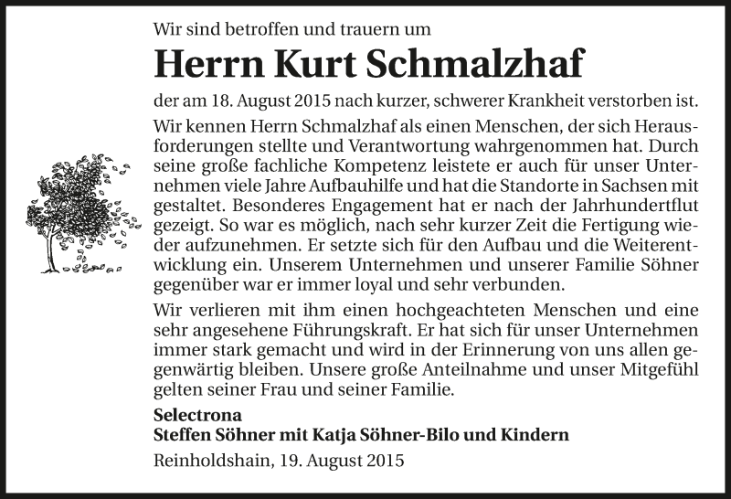  Traueranzeige für Kurt Schmalzhaf vom 20.08.2015 aus 