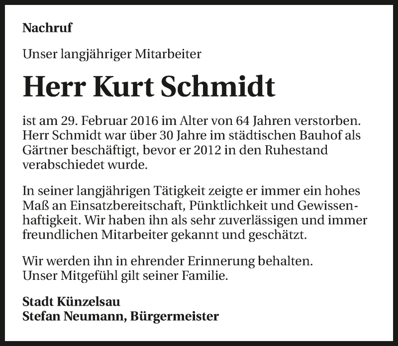  Traueranzeige für Kurt Schmidt vom 23.03.2016 aus 