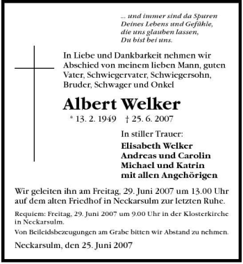Traueranzeige von Albert Welker 