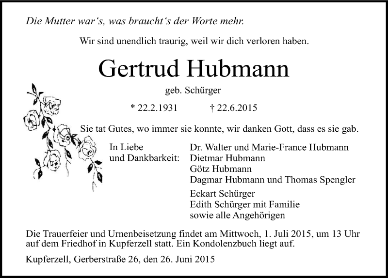  Traueranzeige für Gertrud Hubmann vom 26.06.2015 aus 
