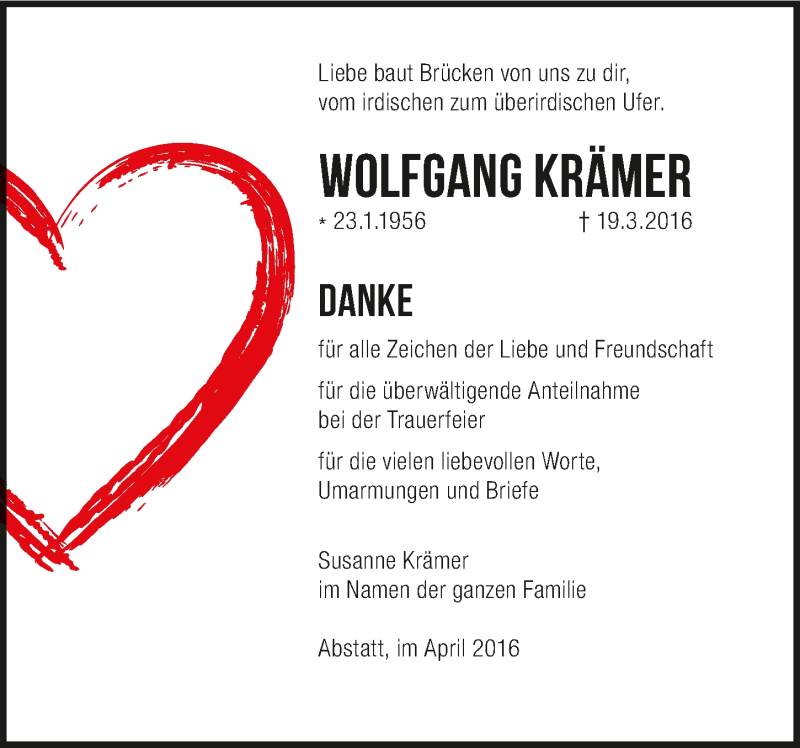  Traueranzeige für Wolfgang Kramer vom 30.04.2016 aus 