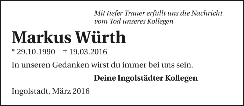 Traueranzeige für Markus Würth vom 30.03.2016 aus 