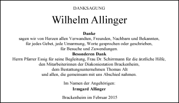 Traueranzeige von Wilhelm Allinger 