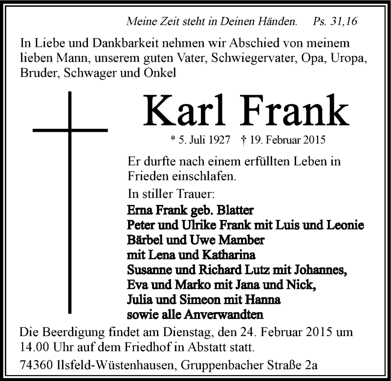  Traueranzeige für Karl Frank vom 21.02.2015 aus 
