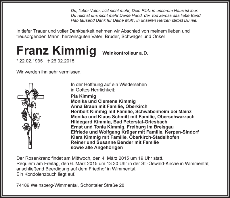  Traueranzeige für Franz Kimmig vom 03.03.2015 aus 
