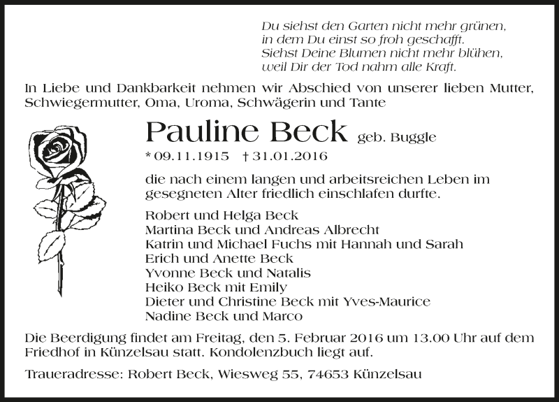  Traueranzeige für Pauline Beck vom 03.02.2016 aus 