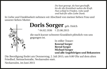 Traueranzeige von Doris Sorger 