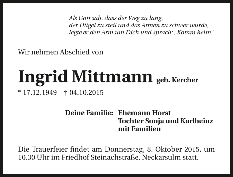  Traueranzeige für Ingrid Mittmann vom 06.10.2015 aus 