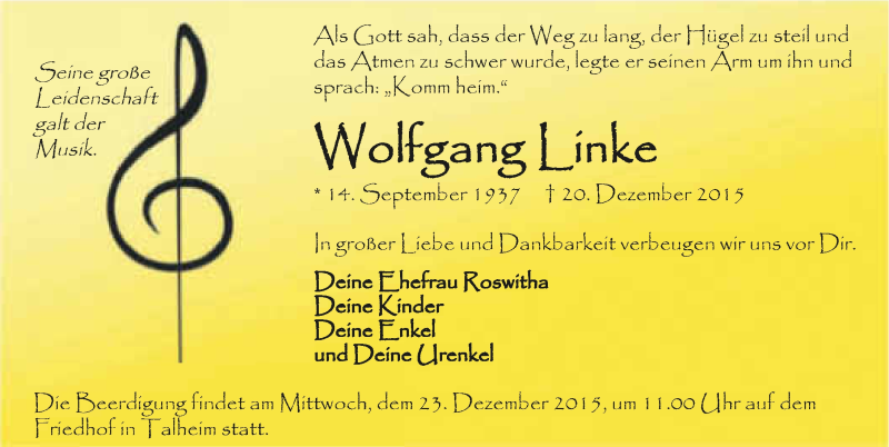  Traueranzeige für Wolfgang Linke vom 22.12.2015 aus 