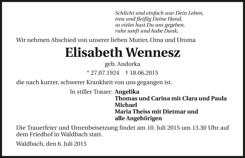  Traueranzeige für Elisabeth Wennesz vom 06.07.2015 aus 