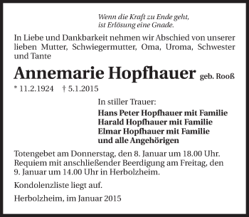 Traueranzeige von Annemarie Hopfhauer 