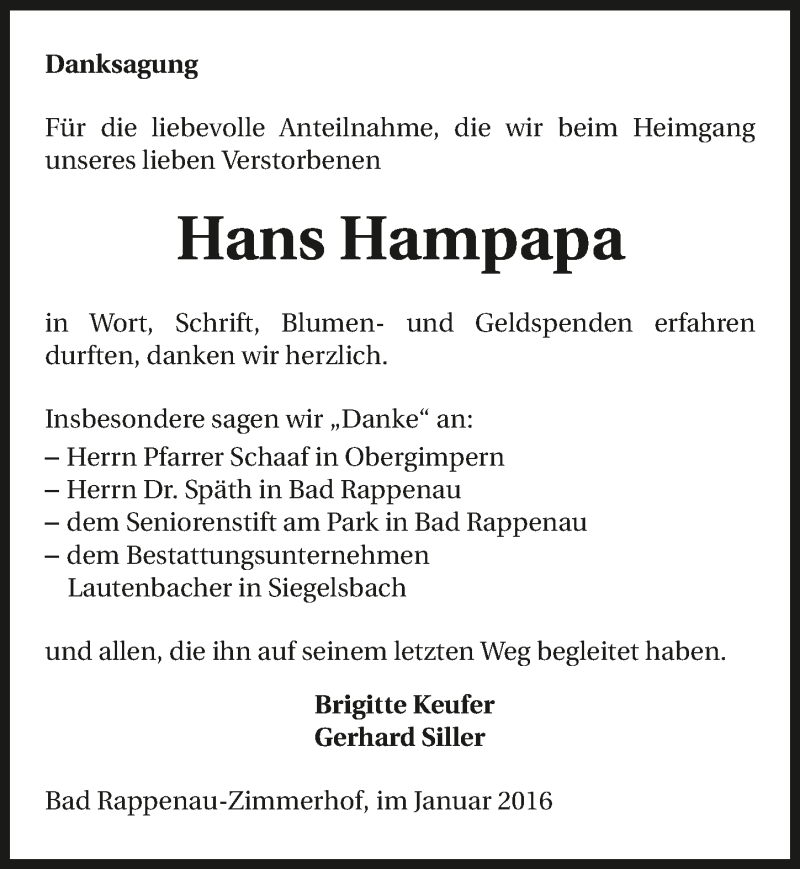  Traueranzeige für Hans Hampapa vom 16.01.2016 aus 