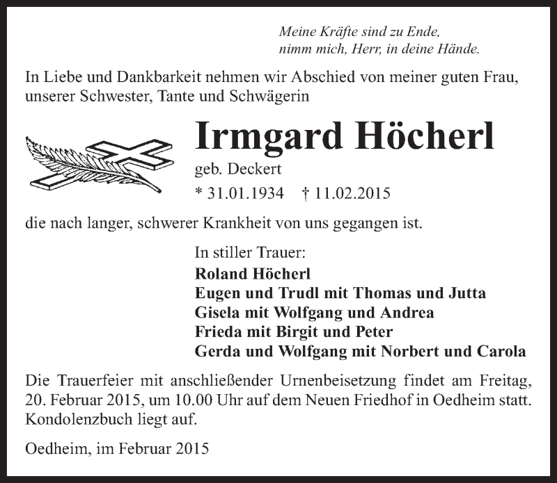  Traueranzeige für Irmgard Höcherl vom 17.02.2015 aus 