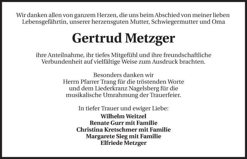  Traueranzeige für Gertrud Metzger vom 17.01.2015 aus 