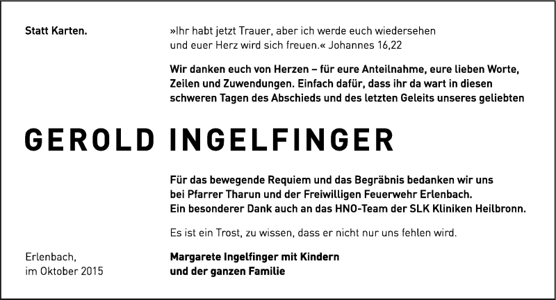  Traueranzeige für Gerold Ingelfinger vom 27.10.2015 aus 