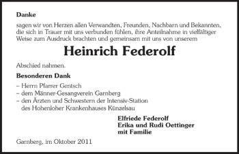 Traueranzeige von Heinrich Federolf 