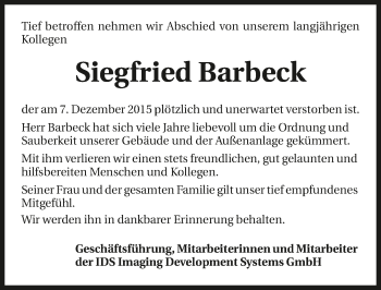 Traueranzeige von Siegfried Barbeck 