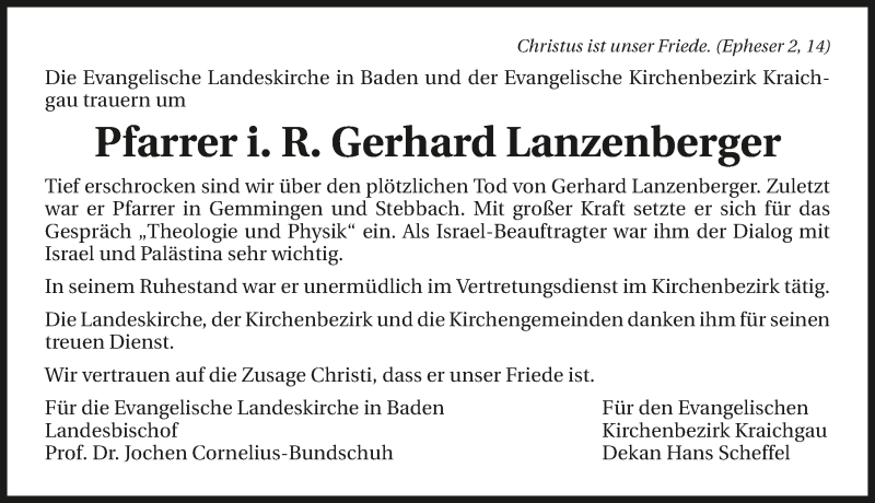  Traueranzeige für Gerhard Lanzenberger vom 29.07.2015 aus 