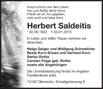 Traueranzeige von Herbert Saldeitis 