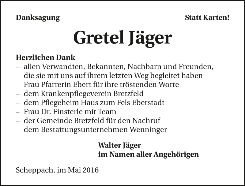  Traueranzeige für Gretel Jäger vom 11.05.2016 aus 