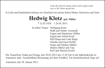 Traueranzeige von Hedwig Klotz 