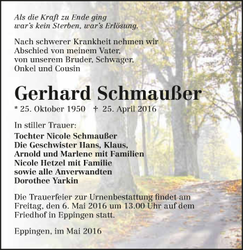 Traueranzeige von Gerhard Schmaußer 