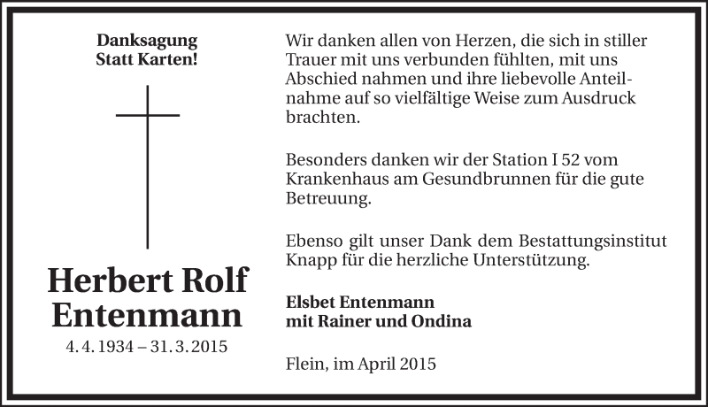  Traueranzeige für Herbert Rolf  Entenmann vom 25.04.2015 aus 