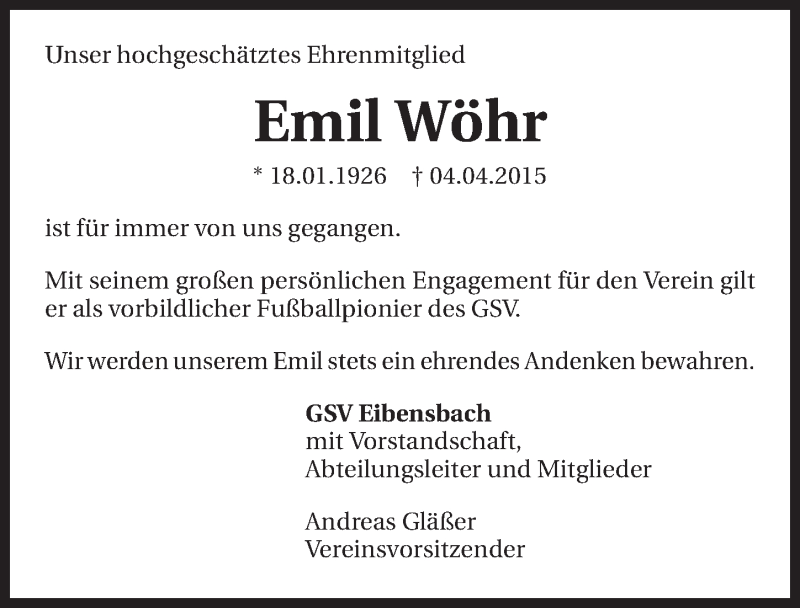  Traueranzeige für Emil Wöhr vom 10.04.2015 aus 