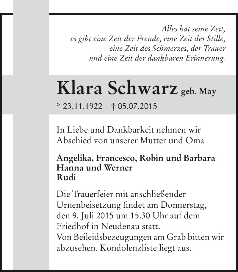  Traueranzeige für Klara Schwarz vom 07.07.2015 aus 