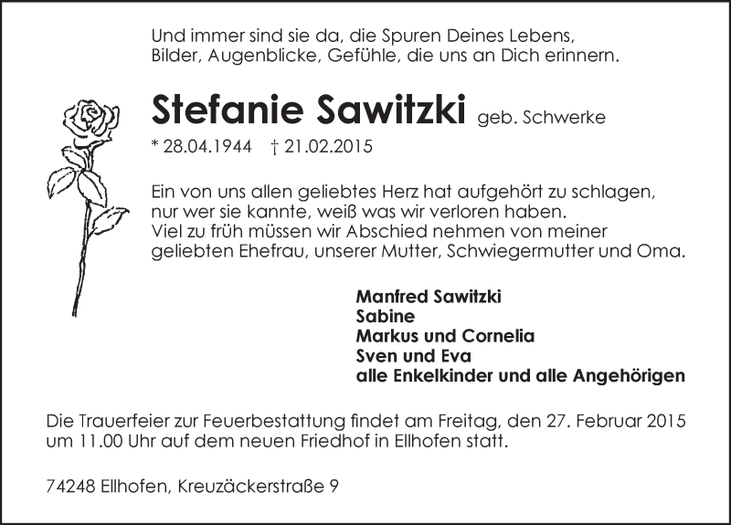  Traueranzeige für Stefanie Sawitzki vom 24.02.2015 aus 