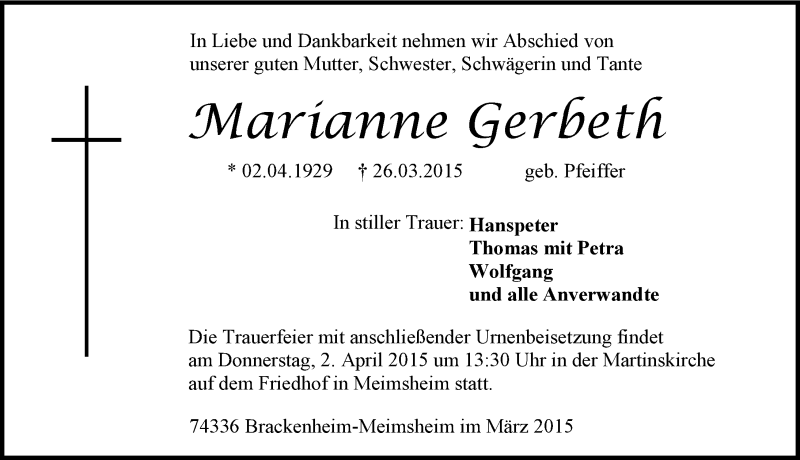 Traueranzeige für Marianne Gerbeth vom 28.03.2015 aus 