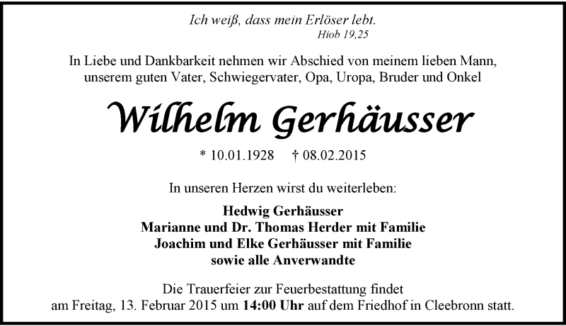  Traueranzeige für Wilhelm Gerhäusser vom 11.02.2015 aus 