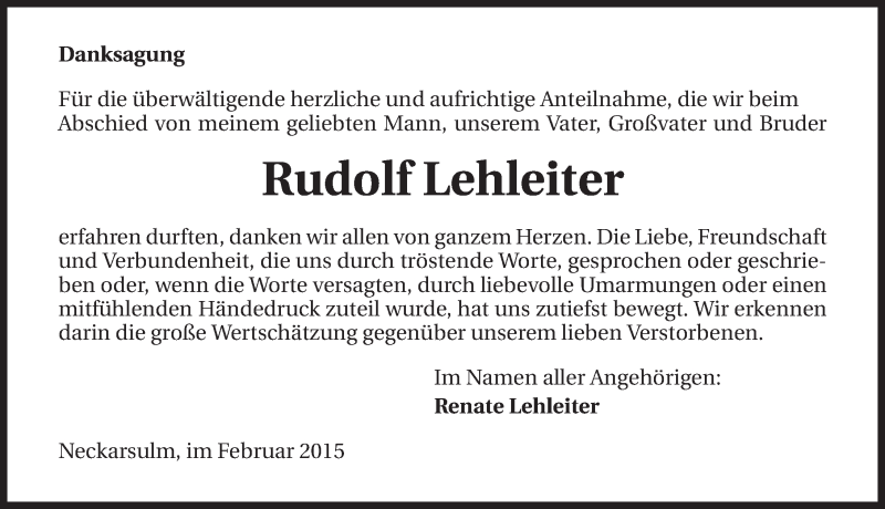 Traueranzeige für Rudolf Lehleiter vom 27.02.2015 aus 