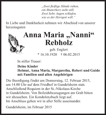 Traueranzeige von Anna Maria Rebholz 
