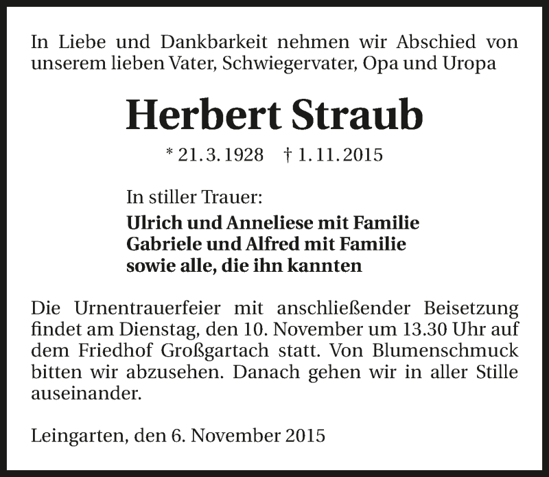  Traueranzeige für Herbert Straub vom 06.11.2015 aus 