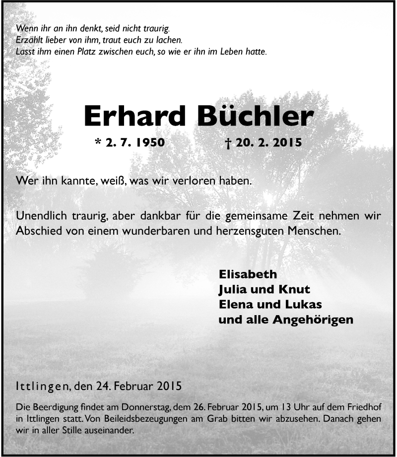  Traueranzeige für Erhard Büchler vom 24.02.2015 aus 