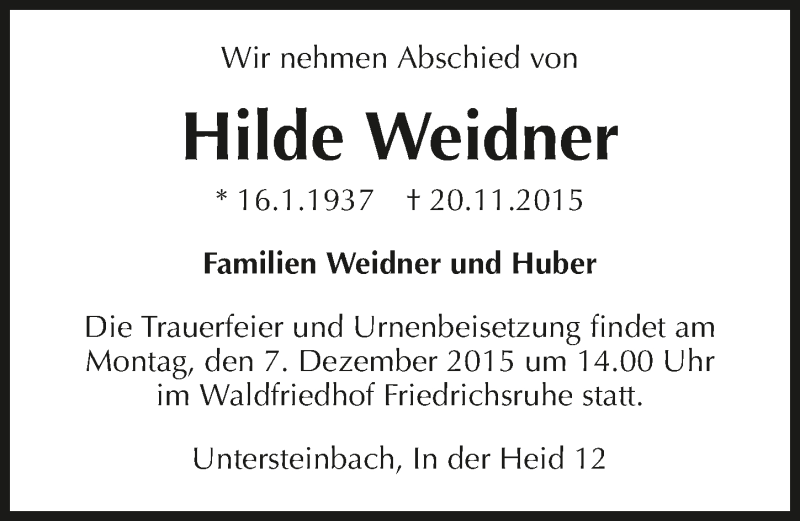  Traueranzeige für Hilde Weidner vom 03.12.2015 aus 