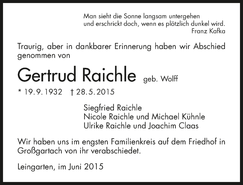  Traueranzeige für Gertrud Raichle vom 16.06.2015 aus 