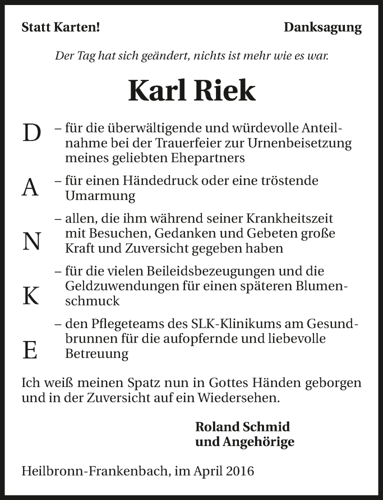  Traueranzeige für Karl Riek vom 16.04.2016 aus 