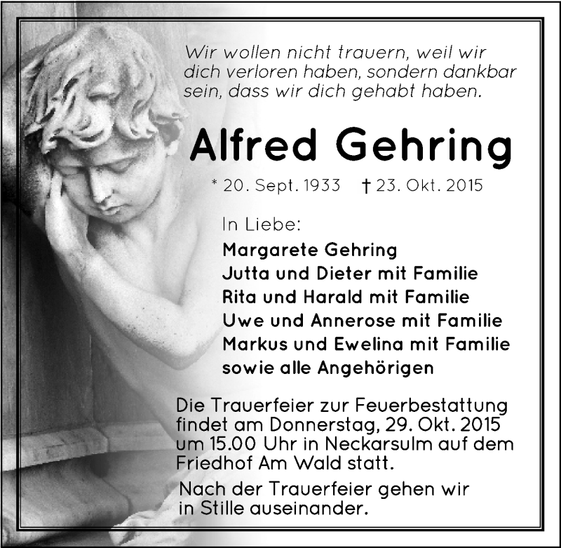 Traueranzeige für Alfred Gehring vom 27.10.2015 aus 