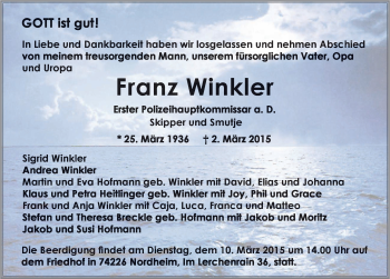 Traueranzeige von Franz Winkler 