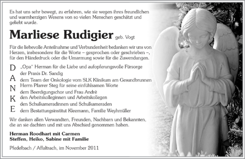  Traueranzeige für Marliese Rudigier vom 30.11.2011 aus 